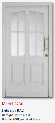 UNILUX Model 2230 Light Gray Door, Baroque White Glass, Polished Brass Handle, Secure Classic Timber Front Door